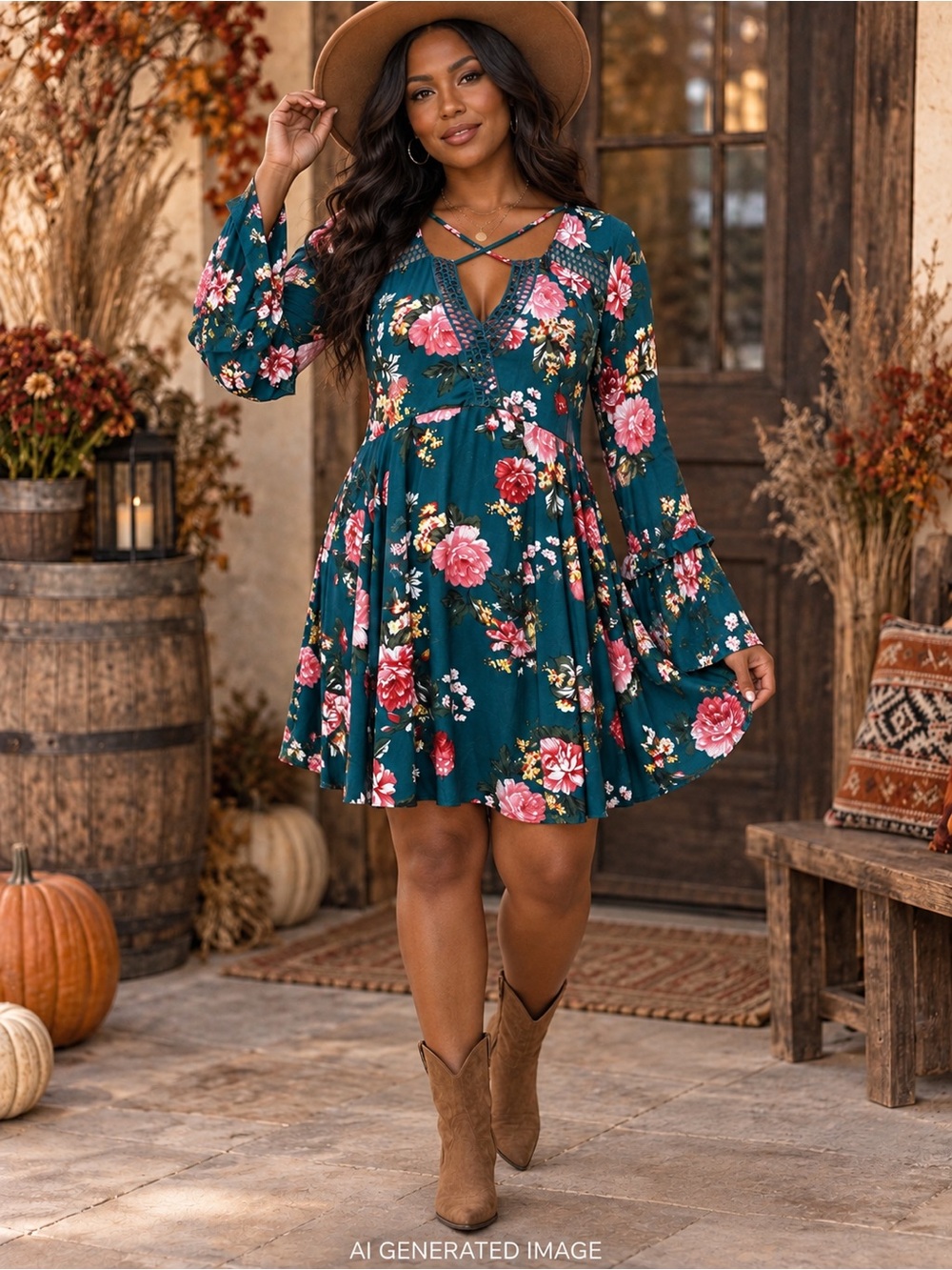 Umgee Floral Crochet Lace Bell Sleeve Boho Dress Teal Pink Size Small NWT